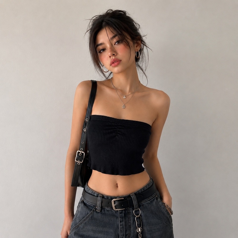 Urban Outfitters Black Ribbed Strapless‎ Tube Top Cropped  Y2K It Girl  M